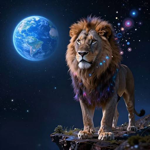 Digital art: Majestic lion with a glowing mane stands on a rocky cliff, gazing at a luminous blue Earth in a starry cosmos.