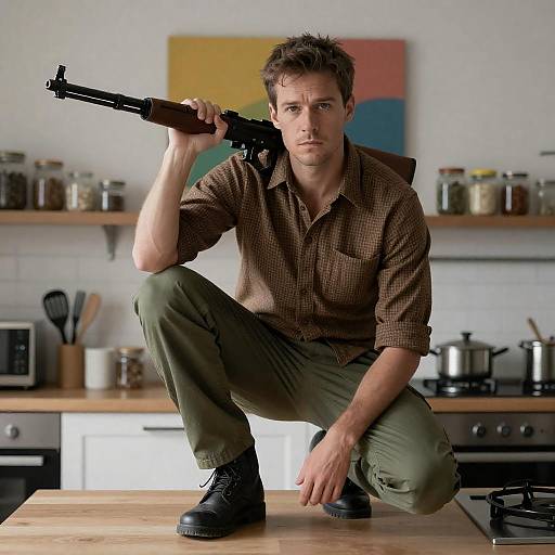 Man Holding Rifle in Kitchen