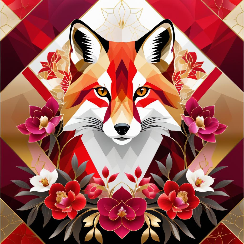 Abstract Floral Fox Design in Red Gold