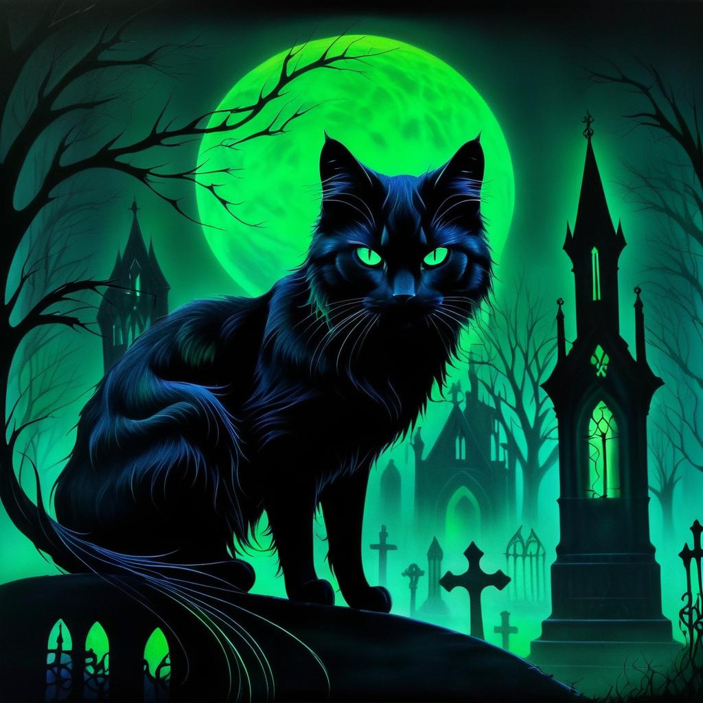 Gothic Cat in a Foggy Graveyard