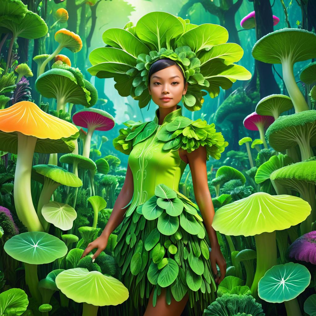 Whimsical Bok Choy Girl in Fungi Forest