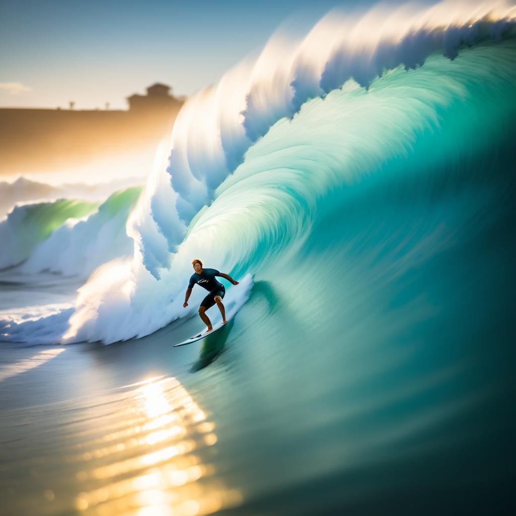 Dramatic Surfer Riding a Massive Wave