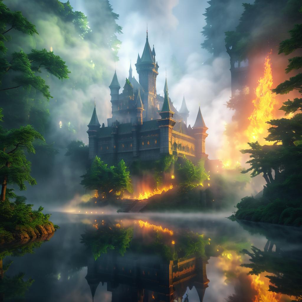 Fiery Dragon and Castle Fantasy Scene