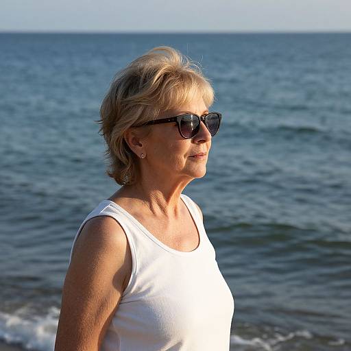 Photograph of a middle-aged woman with short blonde hair, wearing black sunglasses and a white tank top, standing by the ocean.