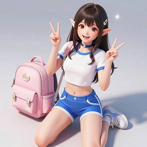 Digital anime-style drawing of a cute, elf-eared girl with long black hair, wearing a white crop top, blue shorts, and white sneakers,
