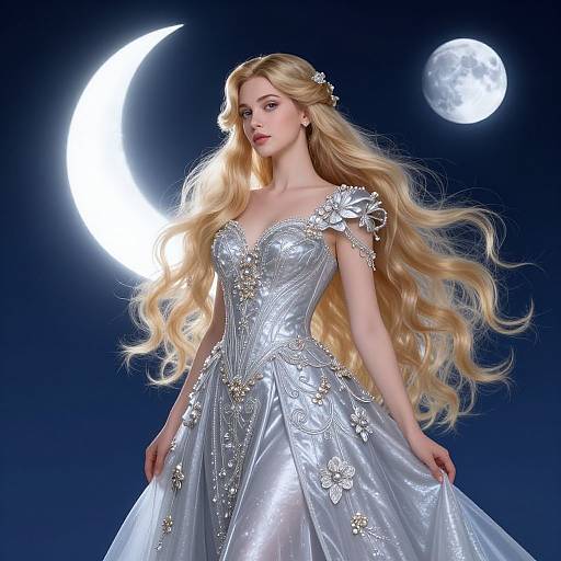 Digital artwork of a blonde woman with long wavy hair in a silver, floral-embroidered, off-shoulder gown, standing under a