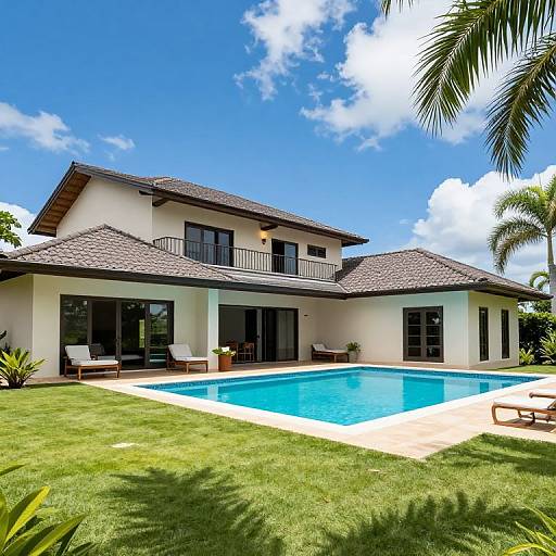 Photograph of a modern two-story house with a blue pool, white walls, dark roof, and lush green lawn under a bright blue sky.