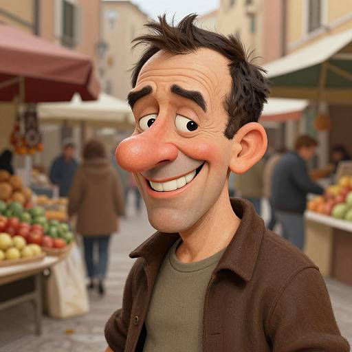 CGI cartoon of a smiling man with a large nose, short dark hair, brown jacket, and green shirt, in a bustling outdoor market.