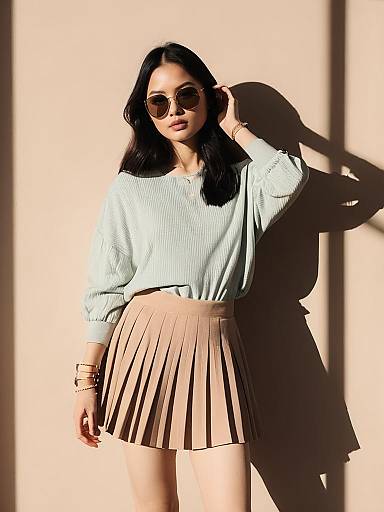 Stylish Woman in Pleated Skirt and Sunglasses