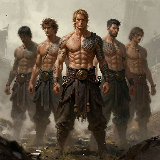 Digital art of five muscular, tattooed, shirtless men in tribal skirts standing in a foggy, ruined landscape, with intense expressions.