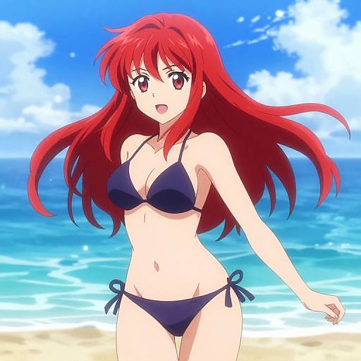 Anime-style digital drawing of a red-haired girl with large eyes, wearing a black bikini, standing on a sunny beach with blue sky and ocean in the