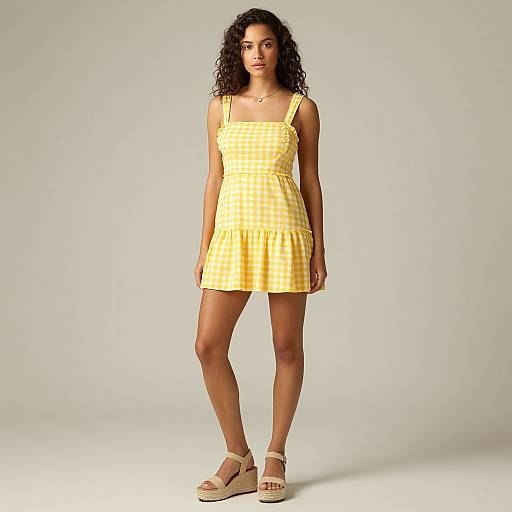 Photograph of a young woman with curly hair, wearing a yellow gingham dress with straps, and beige wedge sandals, standing against a plain white background