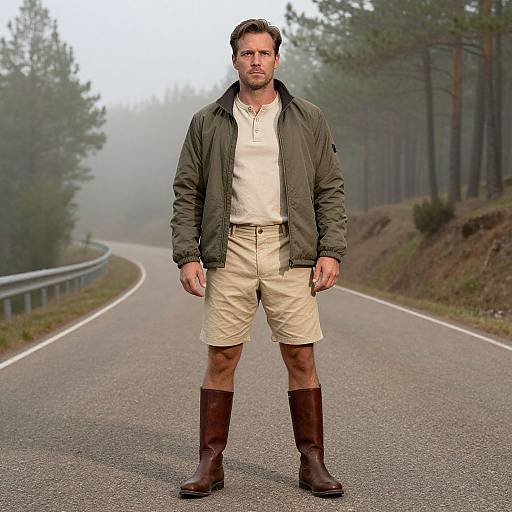Photograph of a handsome, bearded man with short brown hair, wearing a green jacket, cream shirt, beige shorts, and brown knee-high boots
