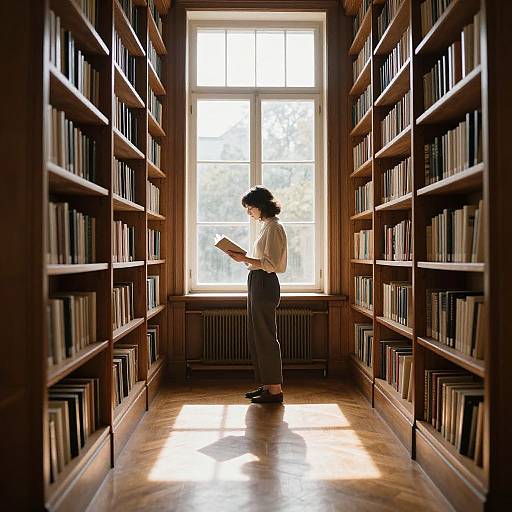 Photograph of a woman with curly black hair, white blouse, and gray pants, standing in a sunlit library aisle, reading a book, surrounded