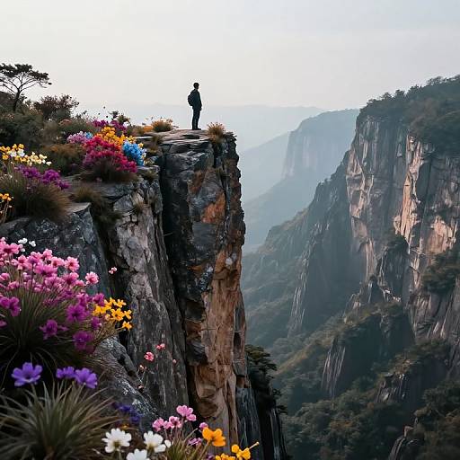 Photograph of a solitary hiker standing on a cliff's edge, overlooking a misty, mountainous landscape with vibrant flowers and rugged cliffs.
