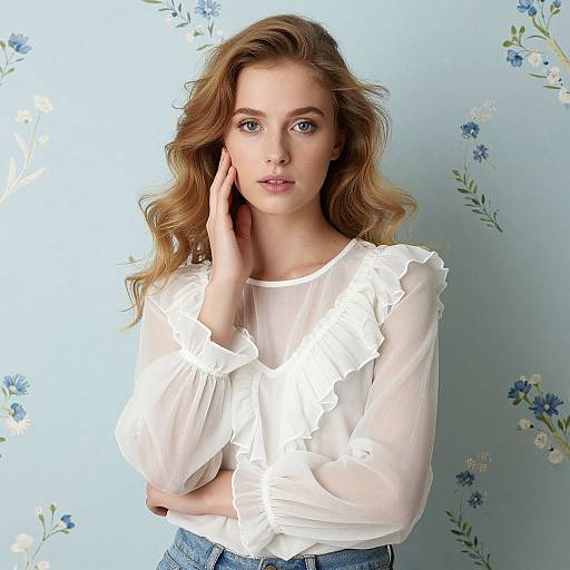 Photograph of a young woman with wavy blonde hair, wearing a sheer white ruffled blouse, standing against a light blue floral wallpaper background, looking