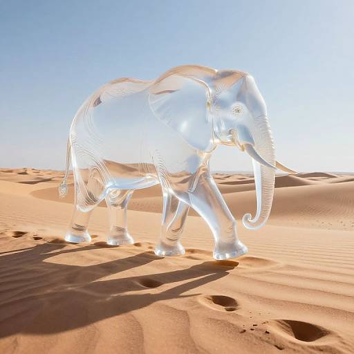 Transparent 3D CGI elephant walking in bright desert sand under clear blue sky, with sunlight casting sharp shadows on the sand.