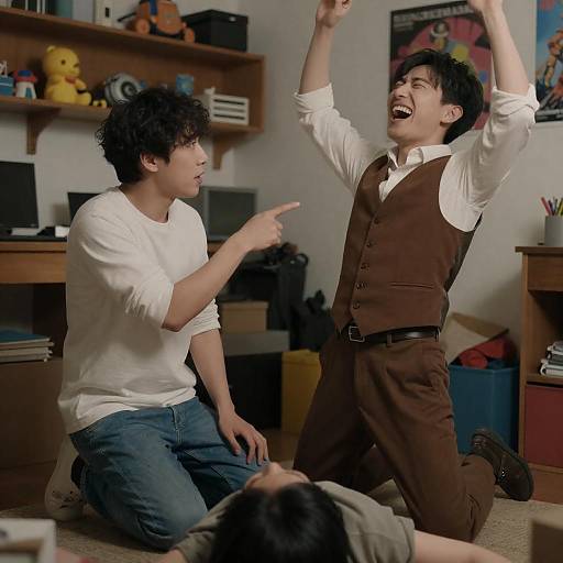 Two Men Interacting in Cluttered Room