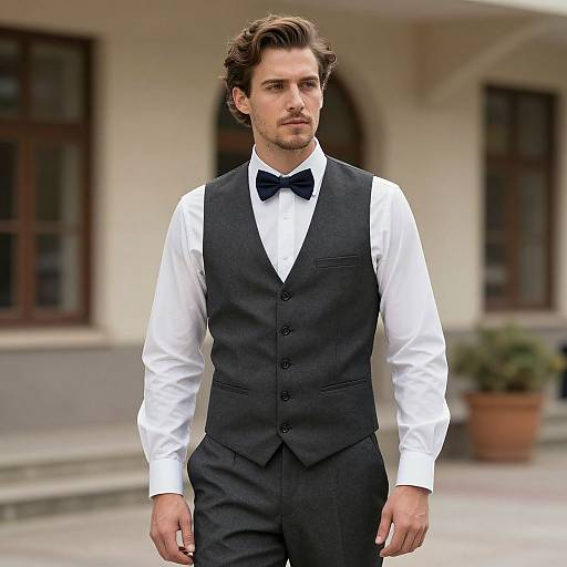 Photograph of a handsome, young Caucasian man with short brown hair and mustache, wearing a black vest, white shirt, and black bow tie,
