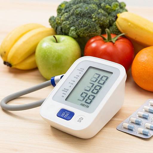 Photograph of a white digital blood pressure monitor displaying 