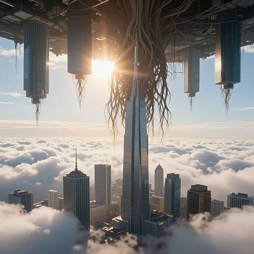 Digital art of a surreal cityscape: towering skyscrapers with hanging, root-like structures, sun shining through clouds, and modern buildings below.