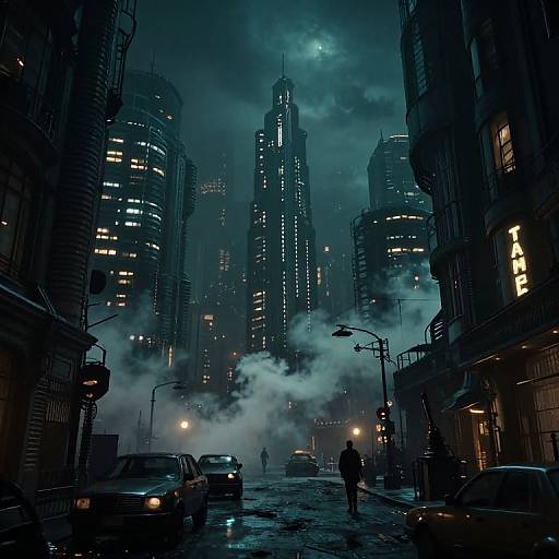Cyberpunk cityscape at night, foggy streets, tall illuminated skyscrapers, dimly lit buildings, silhouetted figures, parked
