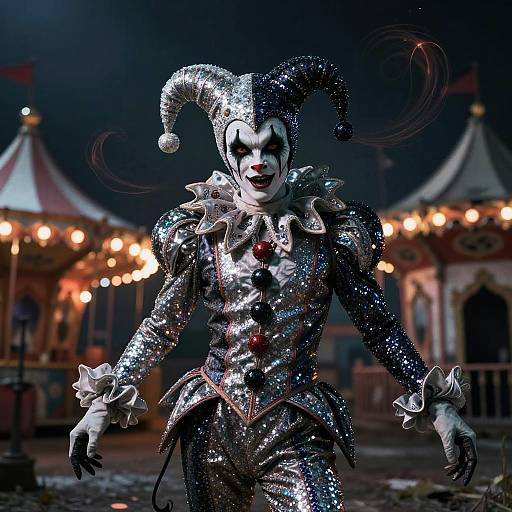 Photorealistic CGI of a silver, sequined jester with white face paint and black jester hat, standing in front of a brightly lit,