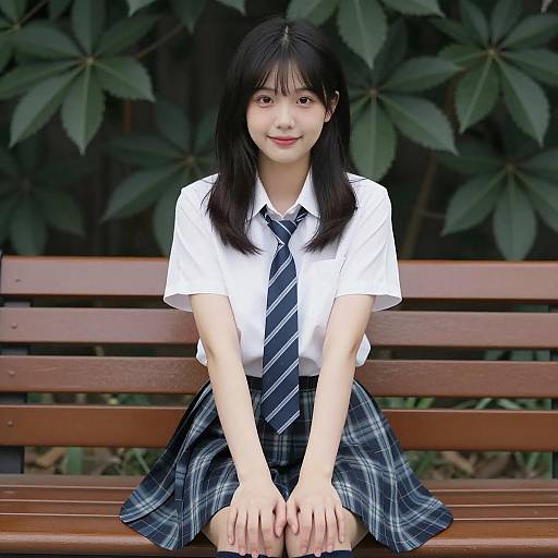 Asian Schoolgirl Sitting on Bench