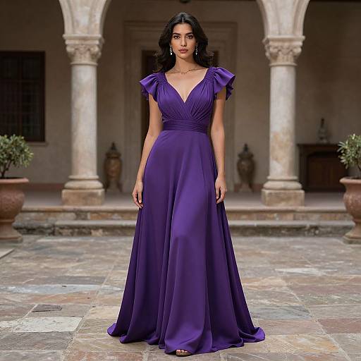 Photograph of a dark-haired woman in a deep purple, V-neck, floor-length evening gown with ruffled shoulders, standing in a stone-paved