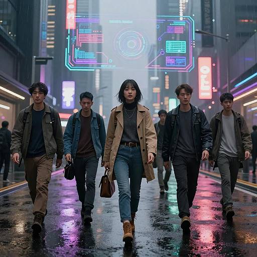 Cyberpunk city street at night; five Asian individuals walk under neon signs, wet reflective road, one woman in beige coat leads.