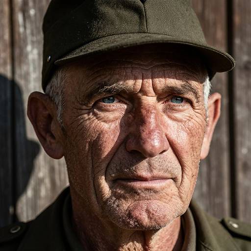 Close-up photograph of an elderly man with weathered skin, blue eyes, and a green military cap, set against a wooden background. High contrast and