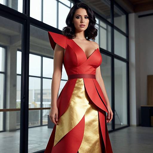 Photograph of a dark-haired woman in a red and gold, geometric-pleated dress with large shoulder accents, standing in a modern, glass-w