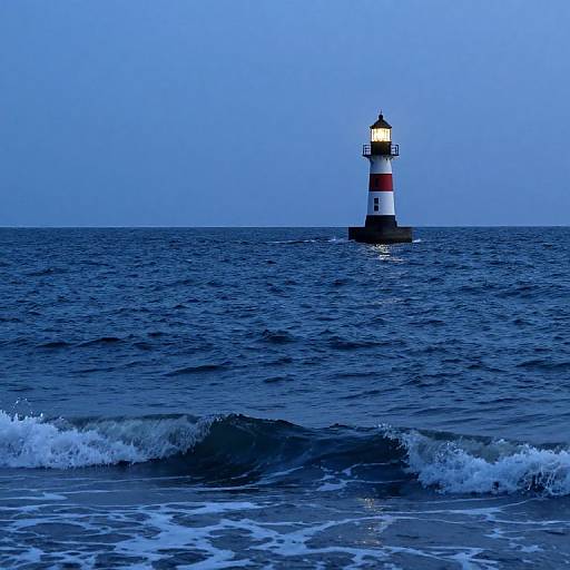 Photograph of a solitary, striped lighthouse standing in the calm, blue ocean, with gentle waves in the foreground and a clear, twilight sky.