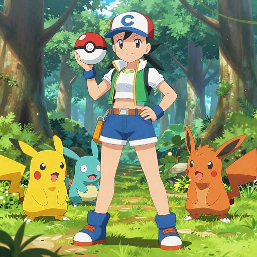 Digital anime-style drawing of a young boy with black hair, white cap, green vest, and blue shorts, holding a Poké Ball, surrounded by