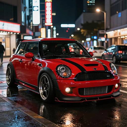 Sleek Red Mini Cooper at Night