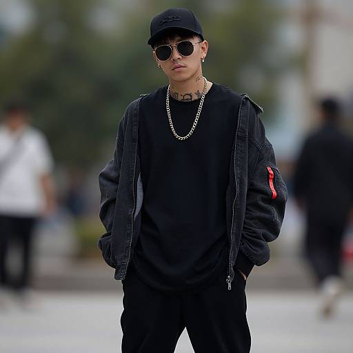 Photograph of a young Asian man in black attire, baseball cap, sunglasses, chain necklace, black jacket with red stripe, standing confidently in an urban