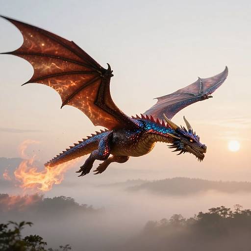 Digital artwork of a fierce, blue-scaled dragon with glowing red eyes and fiery breath, soaring against a misty, dawn-lit sky.
