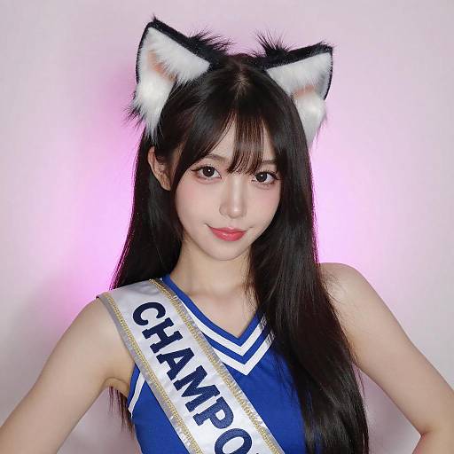 Asian Cheerleader Selfie with Cat Ears