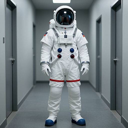 Photograph of a person in a white astronaut suit standing in a narrow, gray-walled, fluorescent-lit hallway with doors on both sides.