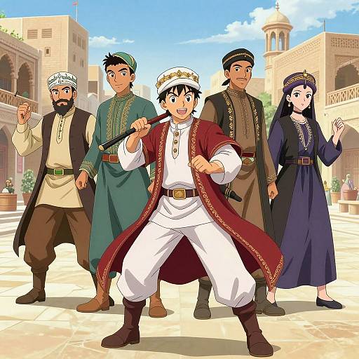 Anime-style illustration of five Middle Eastern characters in traditional clothing, with a singing male in a red coat center stage. Background includes a sunny courtyard with arch