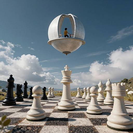 Photograph of a person in a white, dome-shaped spacecraft hovering above a giant, outdoor chessboard with black and white pieces. Clear blue sky with