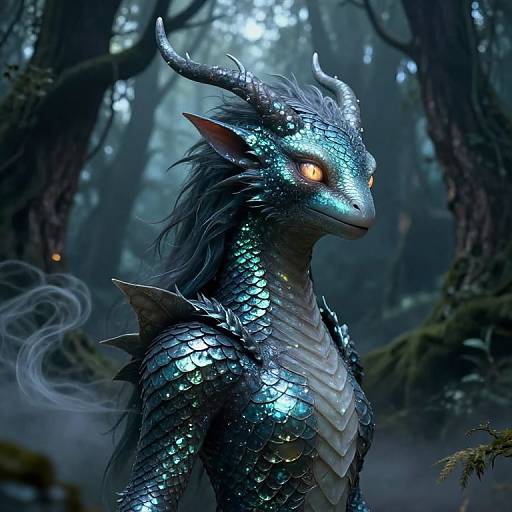 CGI fantasy dragon with metallic blue scales, glowing orange eyes, and dark blue horns, standing in a misty, dark forest.
