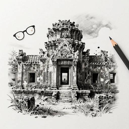Charcoal Sketch of Ancient Temple Adventure