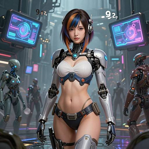CGI cyberpunk image of an Asian woman with blue and orange hair, wearing a futuristic, armored bikini and thigh-high boots, standing in a neon