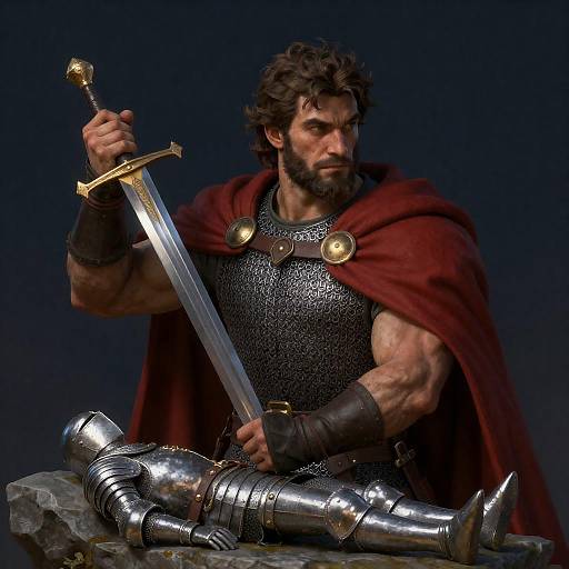Muscular Knight with Sword and Statue