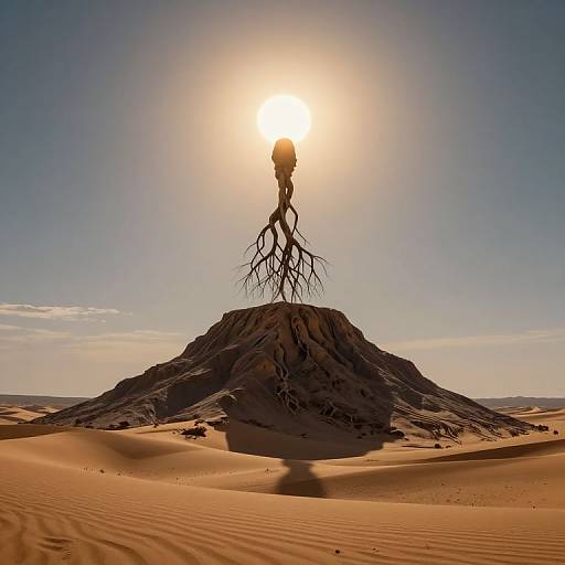 Photograph of a surreal desert scene with a humanoid figure with roots for legs standing on a dune, illuminated by a bright sun in a clear blue