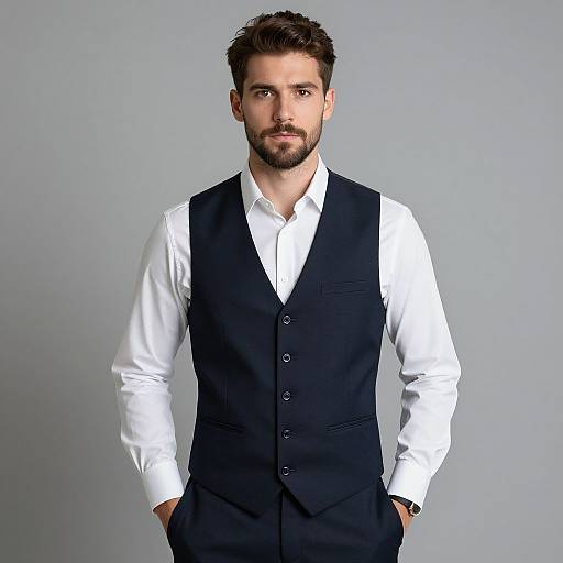 Photograph of a handsome, bearded man with short brown hair, wearing a white shirt and black vest, standing against a plain gray background with hands