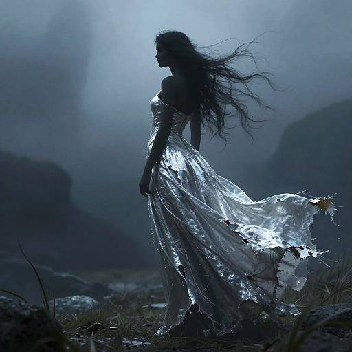 Silhouetted woman in a flowing, translucent dress against a misty, blue-lit landscape, her long hair billowing in the wind.
