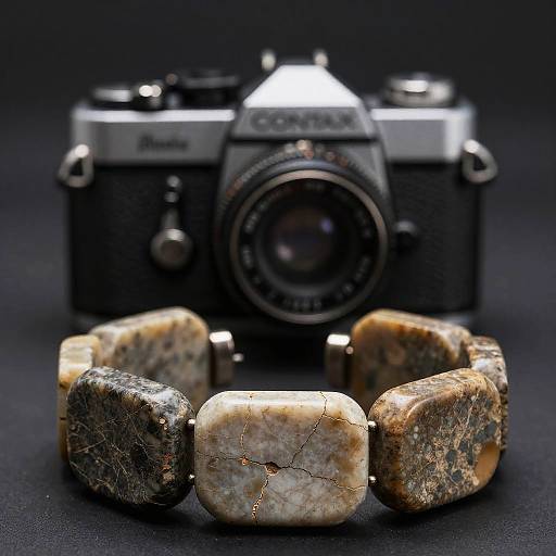 Photograph of a vintage black and silver camera with a marble bracelet in front, featuring beige, brown, and black marbled stones. Dark background highlights