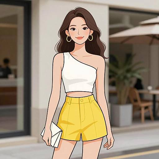 Digital illustration of a smiling young woman with long brown hair, wearing a white one-shoulder top, yellow high-waisted shorts, and large